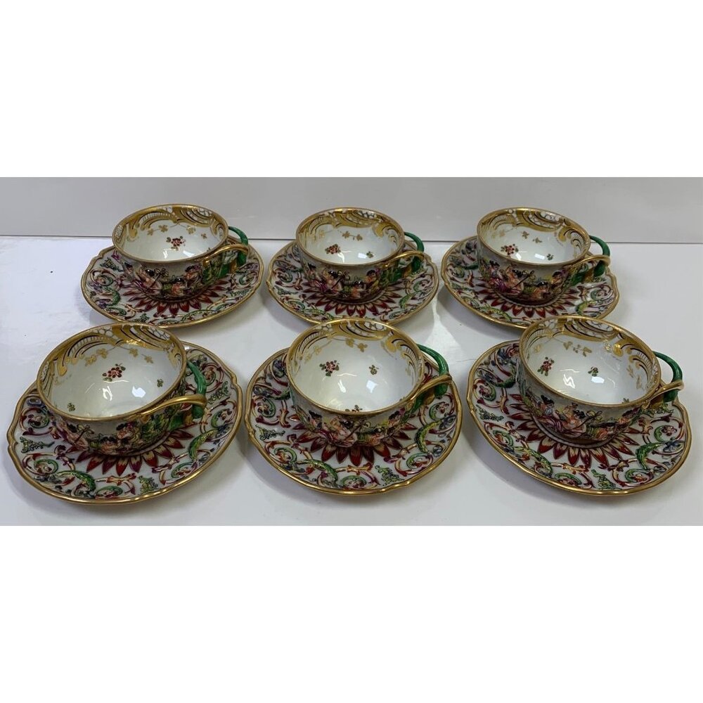 Antique RARE Capodimonte Italy Cherub Sea Serpent Twist Handle 6 Cups & Saucers!